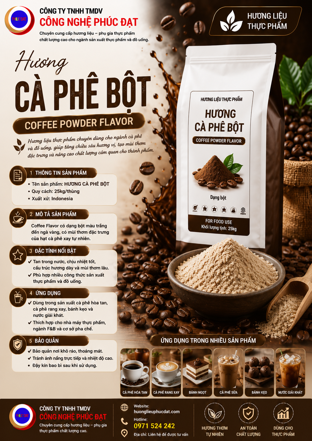 HƯƠNG CÀ PHÊ BỘT là dòng hương liệu thực phẩm chuyên dùng cho ngành cà phê và đồ uống, giúp tăng chiều sâu hương vị, tạo mùi thơm đặc trưng và nâng cao chất lượng cảm quan cho thành phẩm.